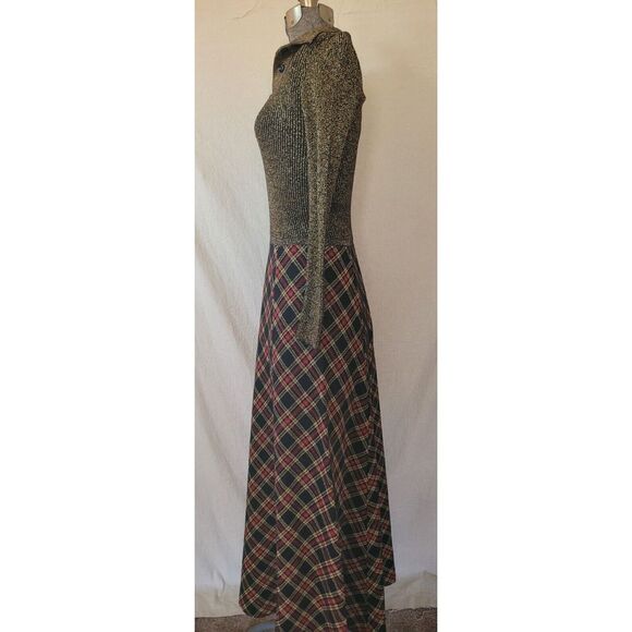 Vintage Crissa Linea Italiana Italy Wool Maxi Dress Tartan Gold Red Holiday S - Picture 5 of 14